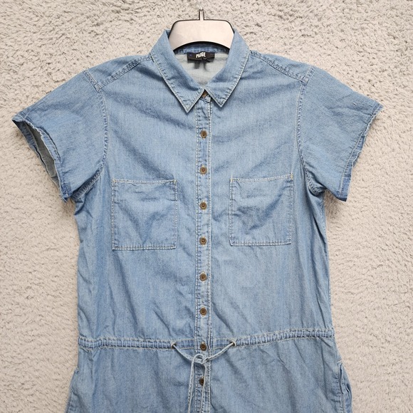 Paige Medium Denim Blue Chambray Dress Womens Medium Button Front Tie Waist Mini - Picture 3 of 13